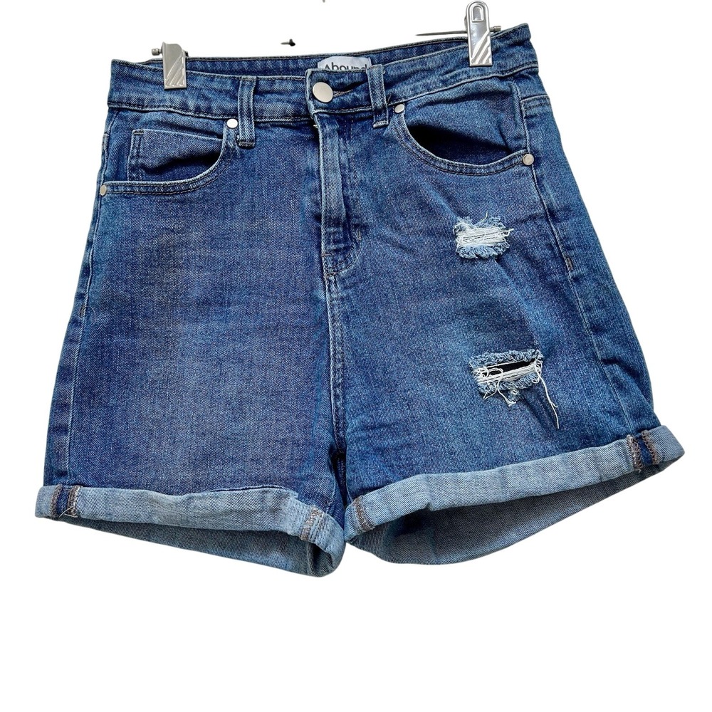 Abound Women Blue Denim High Rise Distressed Cuffed Shorts Size 28 Mom Jeans